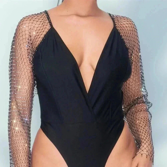 Envme Luna Black Bodysuit With Rhinestone Sleeves Size S - Picture 1 of 16